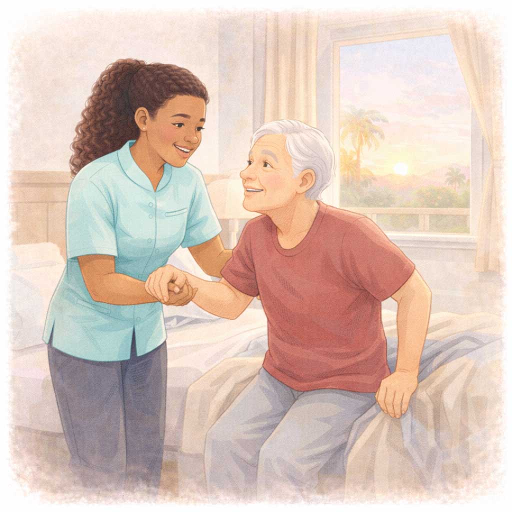 A caregiver helps a senior man sit up and get out of bed at sunrise, starting the day with safe support.