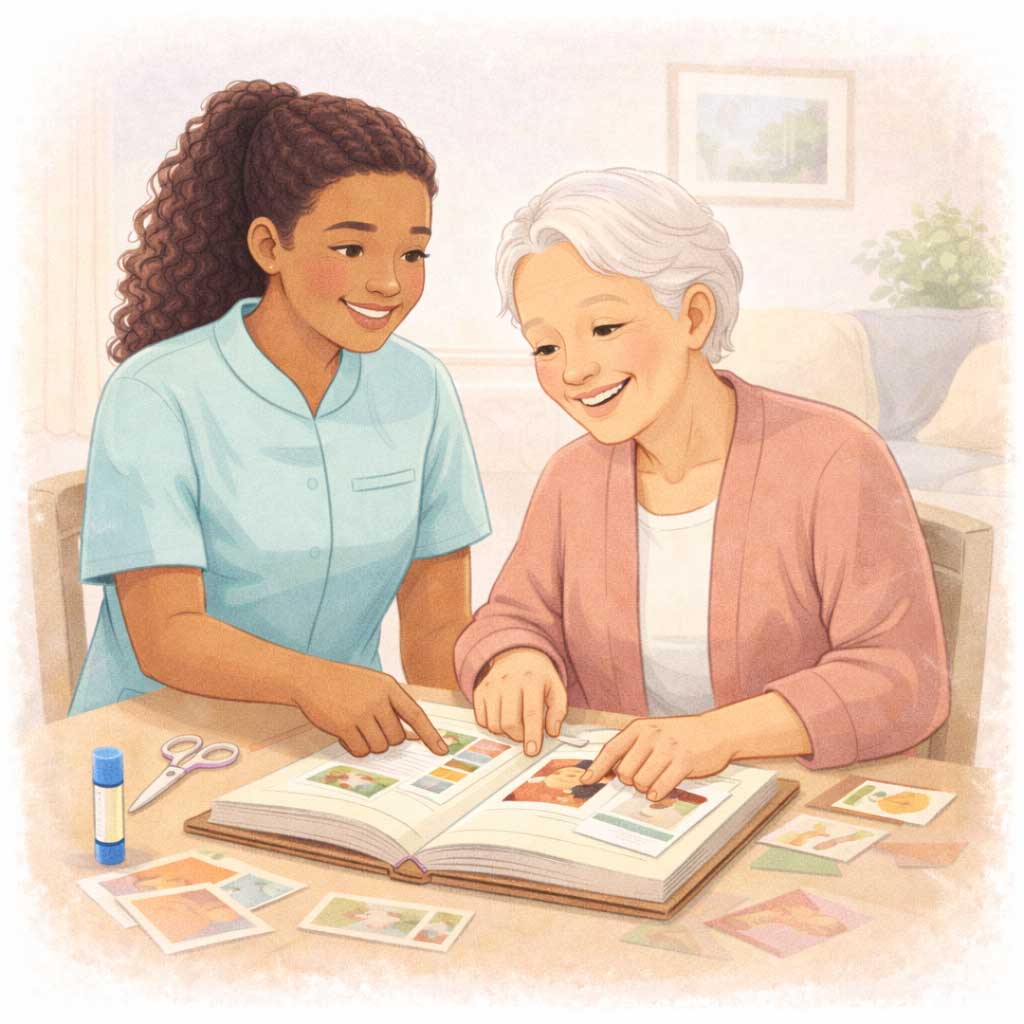 A caregiver and senior enjoy scrapbooking together at the table, sharing a calm, happy moment indoors.