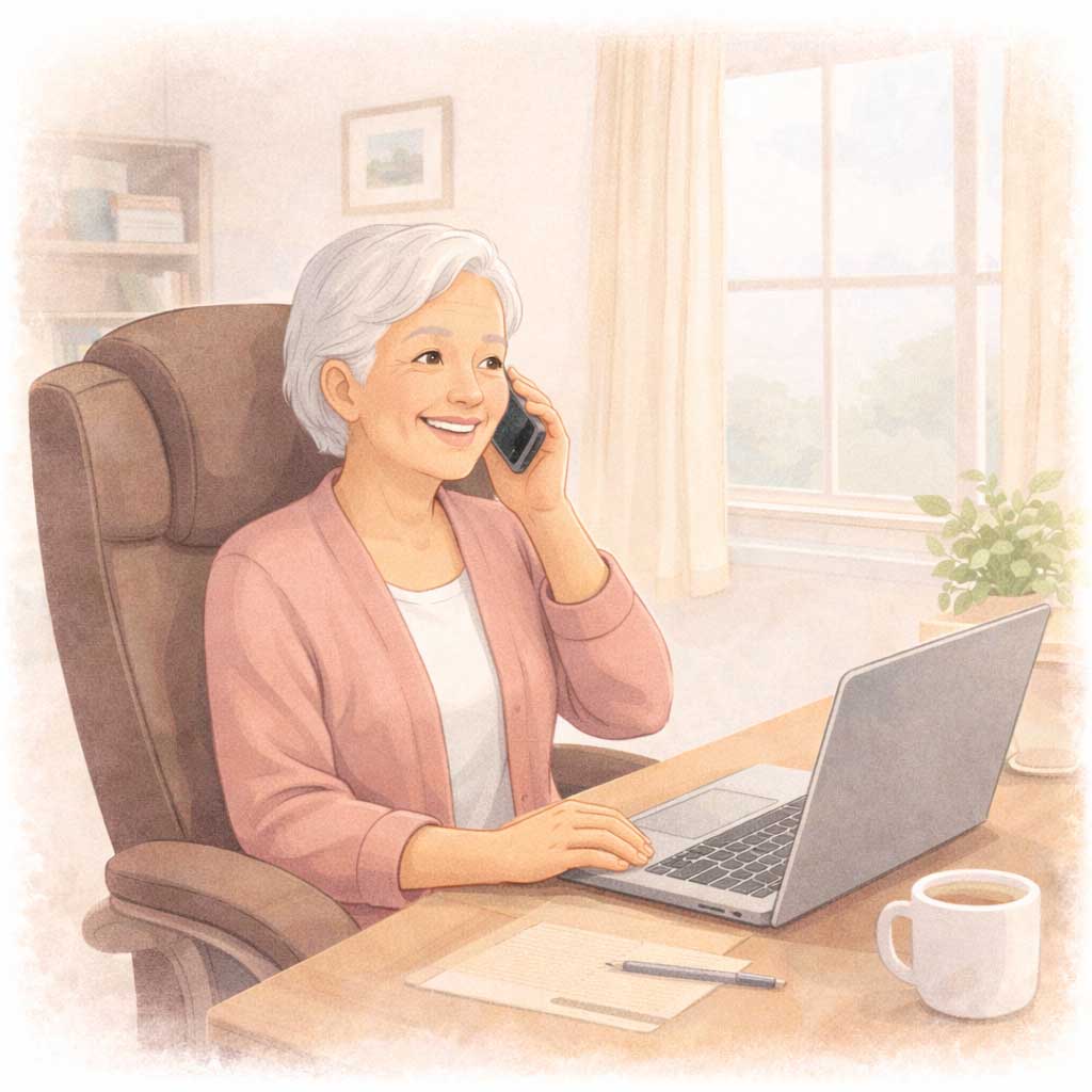 A senior woman smiles while talking on the phone and using a laptop at her desk, enjoying a helpful conversation from home.