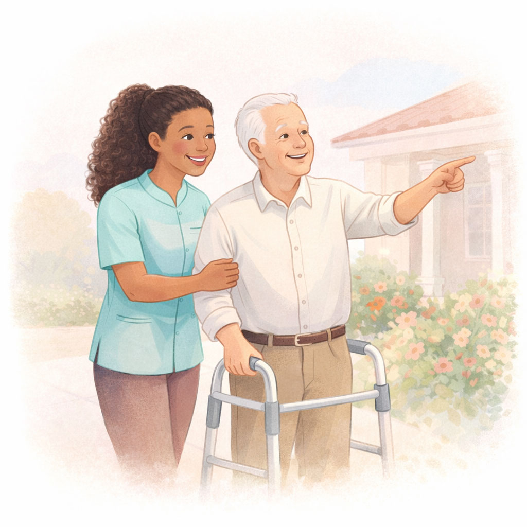 A caregiver supports a senior using a walker outside a sunny Southern California home, offering safe, steady companionship.