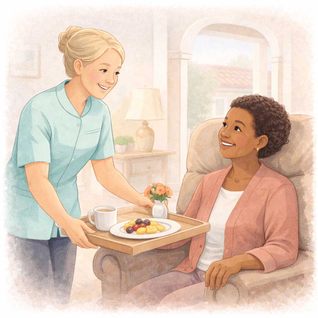 A caregiver serves breakfast on a tray to a senior woman resting comfortably in a plush chair at home.