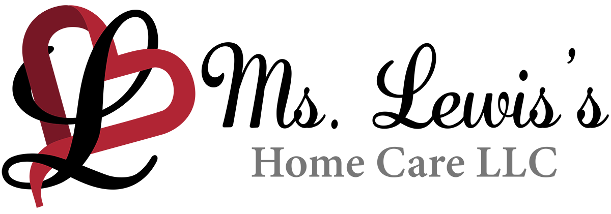 Logo: Ms Lewis's Home Care. The company name is presented in a fun but elegant script. The icon is a script capital L intertwined with a red ribbon taking the shape of a heart.