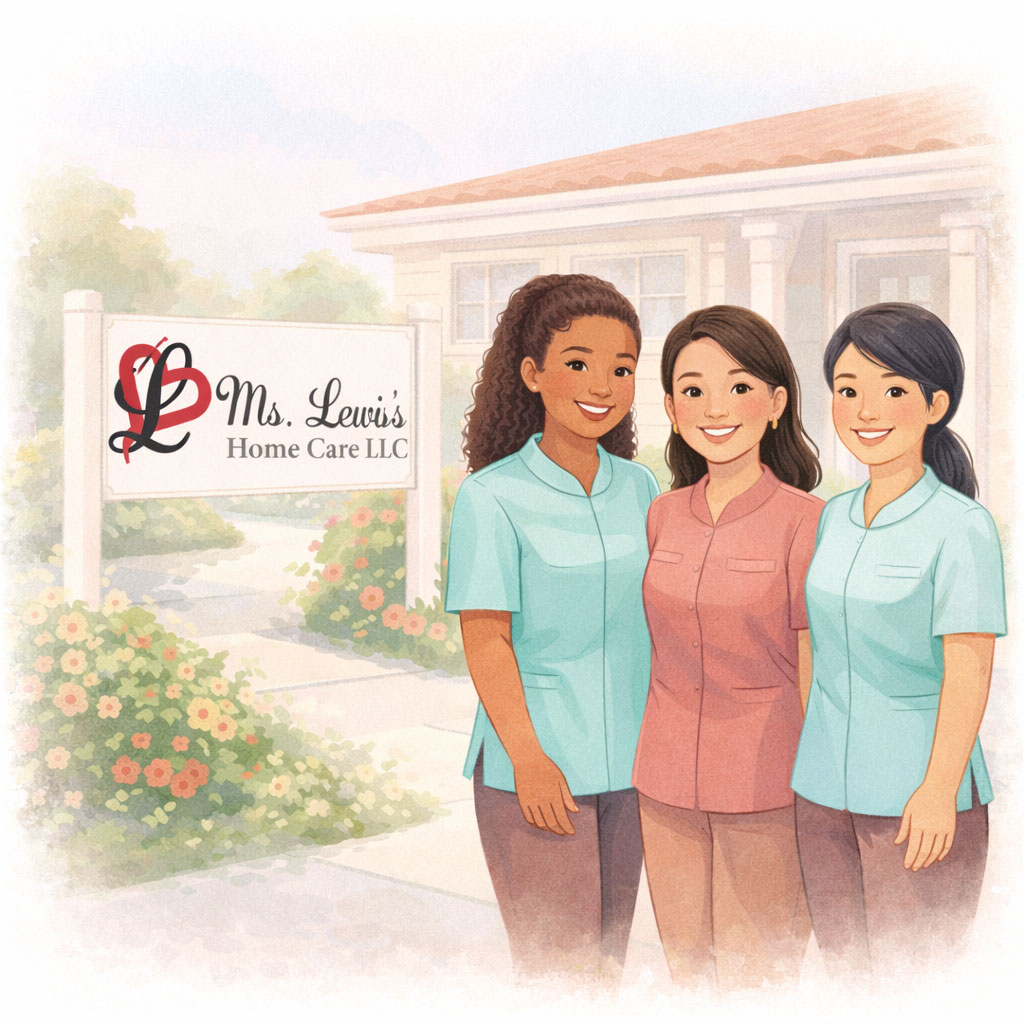 Three friendly caregivers stand outside the Ms. Lewis’s Home Care office, welcoming families with compassionate support.