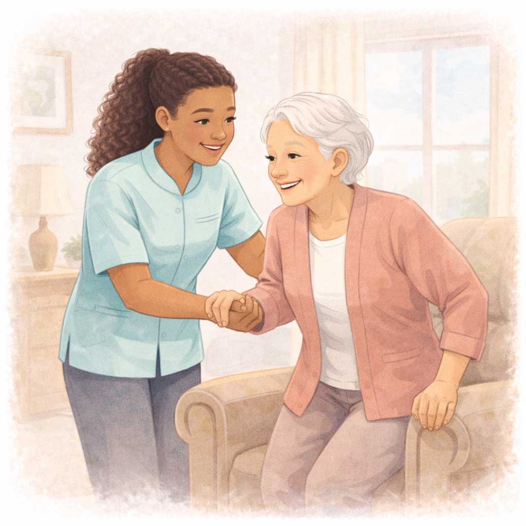 A caregiver gently helps a senior stand up from a chair, offering steady support and encouragement.
