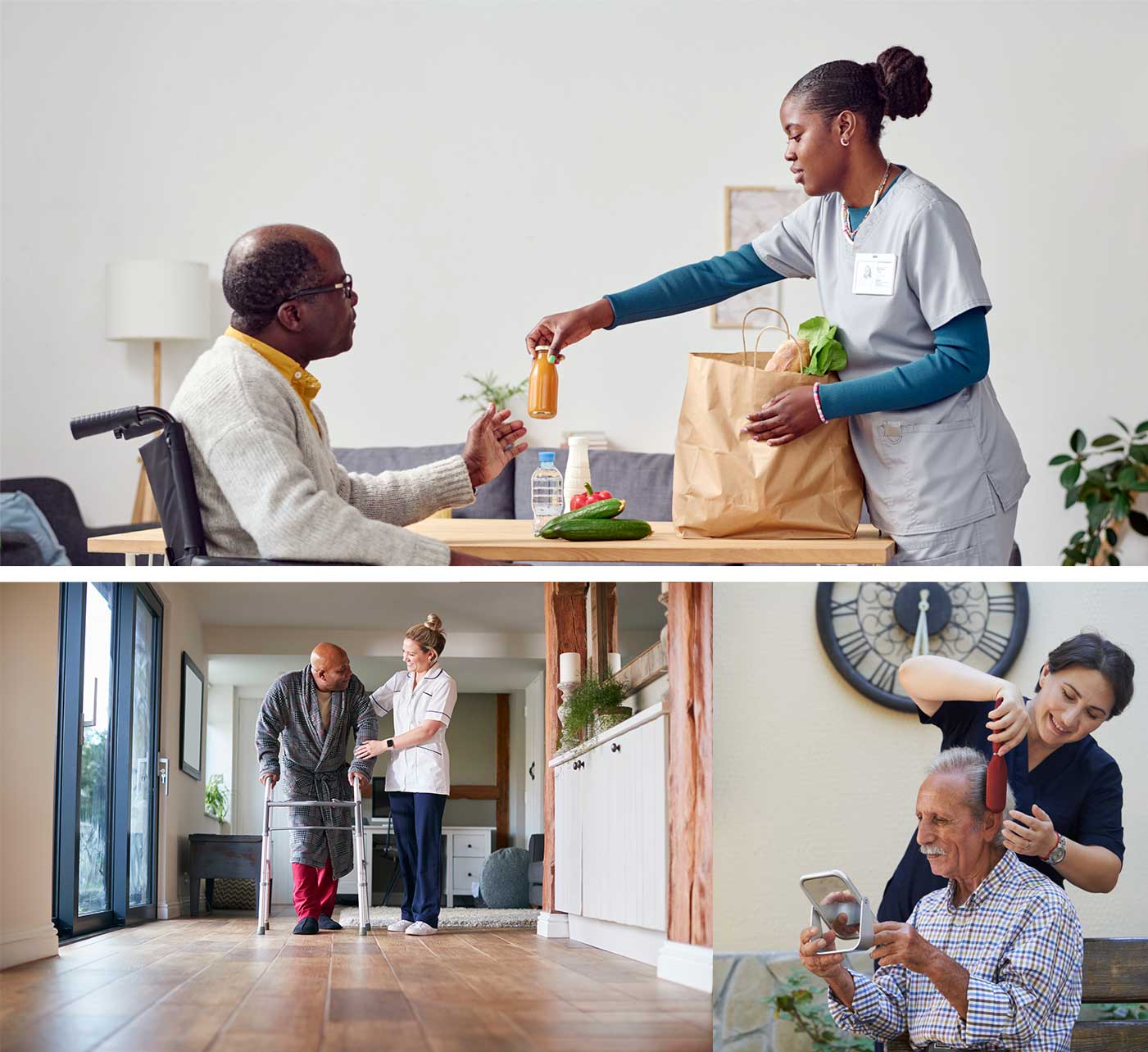 A collage of caregivers helping seniors at home with daily needs, including meal support, walking assistance, and personal care.