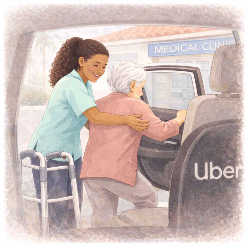 A caregiver helps a senior transition safely from a walker into the back seat of a ride outside a medical clinic.